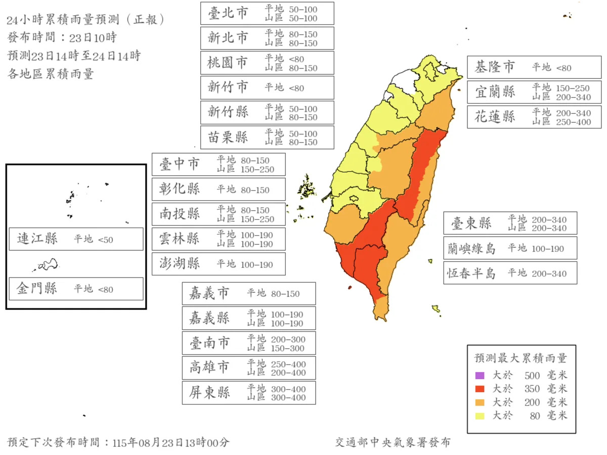 8/24 豪雨假會來嗎?氣象署預警:南台灣 4 縣市已達停班停課標準,備戰西南氣流!